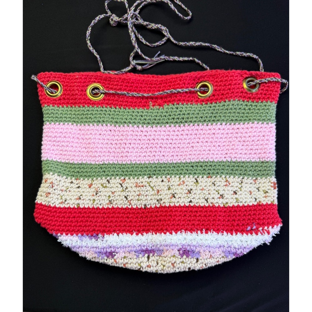 Handcrafted Crochet Bucket Bag Pink Green Striped Boho Drawstring Purse Whimsy - Picture 5 of 12